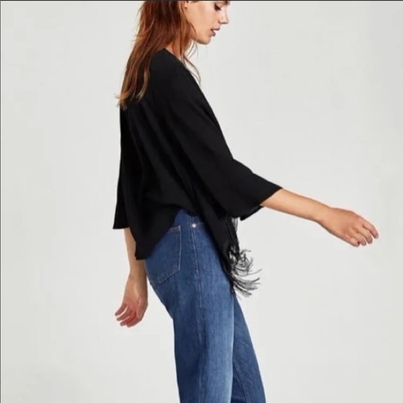 Zara Tops - Zara Fringe Blouse Black Cape Size M
